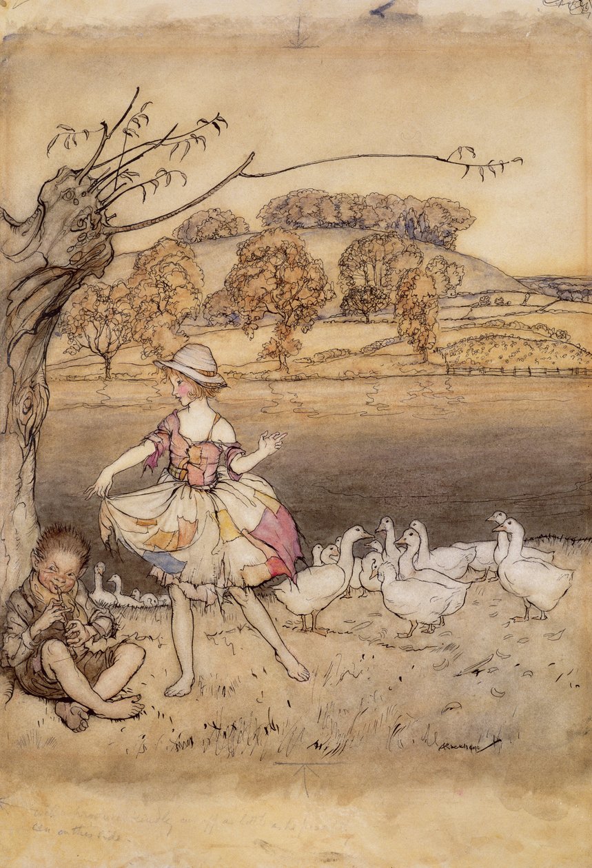 Kaz çobanı boruları sırasında dans eden püsküllü paltolar, İngiliz Masallarından illüstrasyon, F.A. Steel tarafından yeniden anlatıldı, 1918