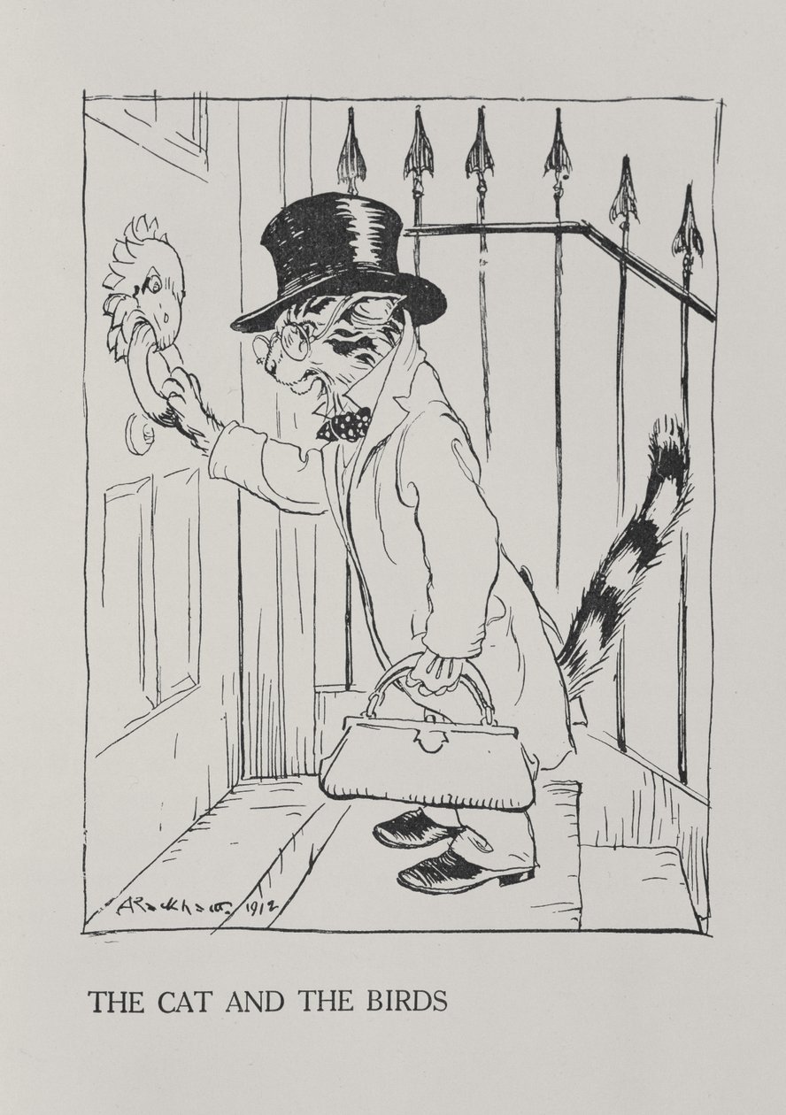 Kedi ve Kuşlar, 'Esop'un Masalları'ndan bir çizim, Heinemann tarafından yayınlandı, 1912 by Arthur Rackham