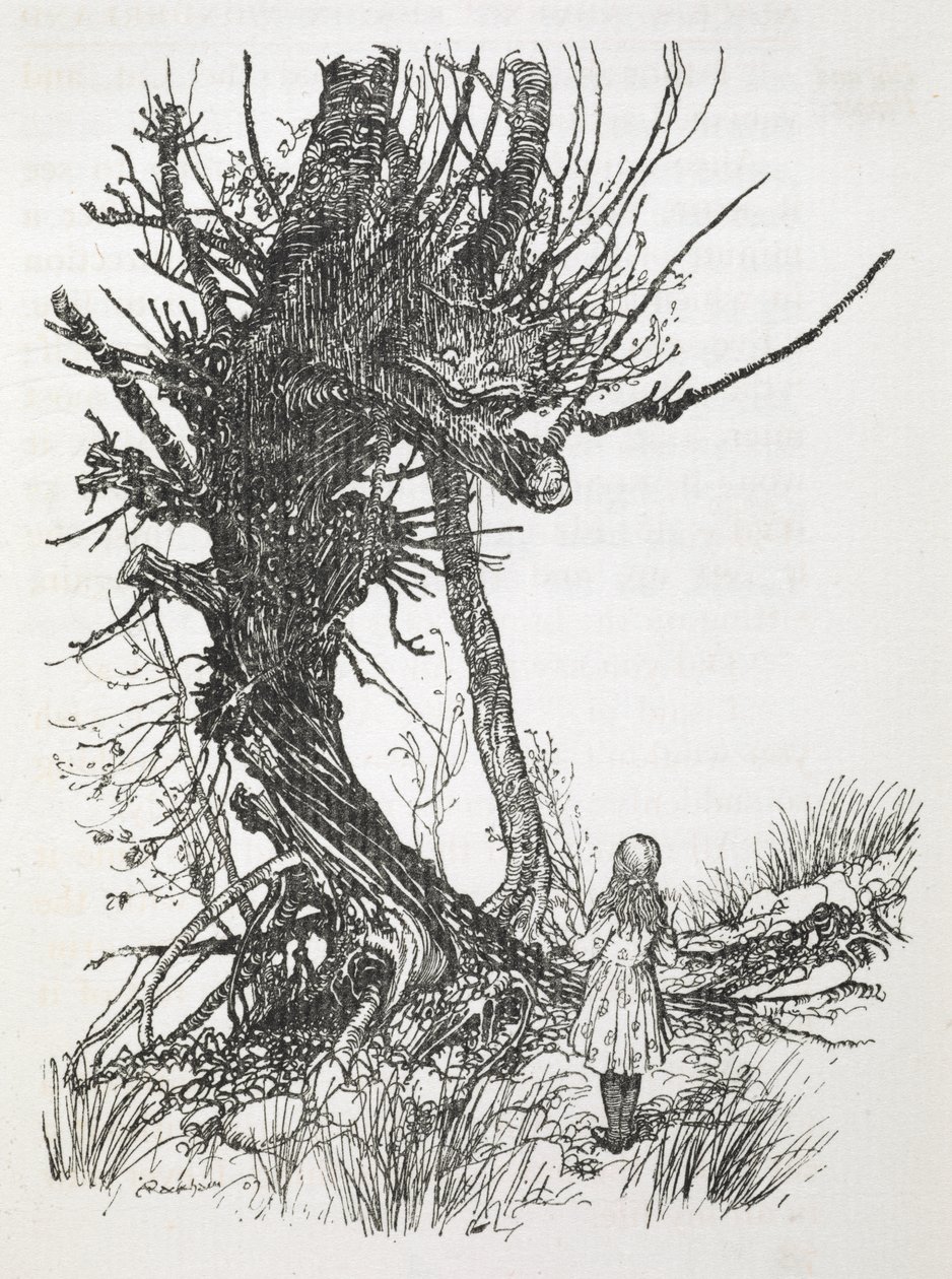 Alice'e bakan bir ağaçtaki Cheshire Kedisi by Arthur Rackham