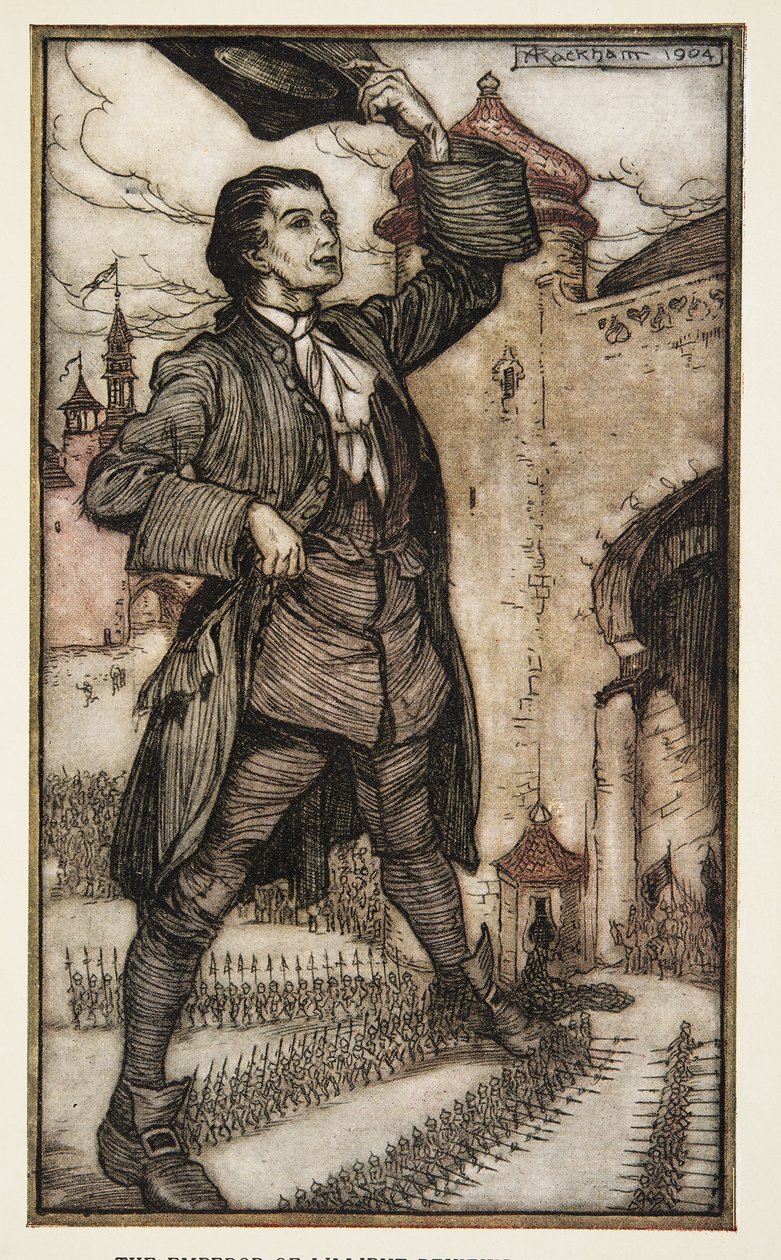 Lilliput İmparatoru, Jonathon Swift (1667 - 1745) tarafından yazılan Gulliver'in Gezileri'nden Birliklerini İnceliyor, pub. 1909 (renkli taş) by Arthur Rackham