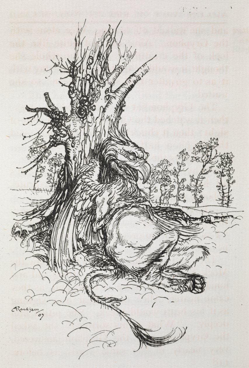 Bir ağaca karşı oturan Gryphon by Arthur Rackham