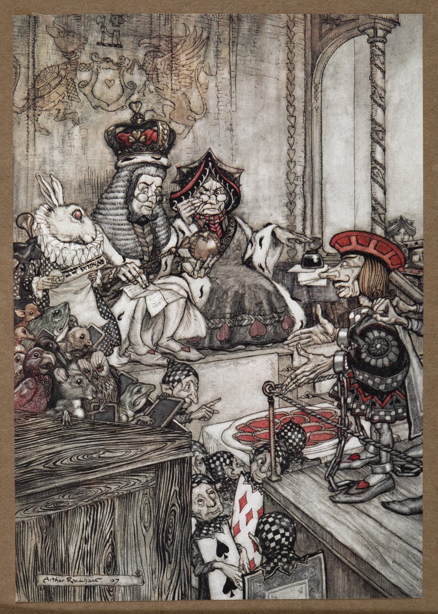 Knave of Hearts, turtaları çalmakla suçlanan Kraliçe ve Kupa Kralı'nın huzurunda rıhtımda by Arthur Rackham