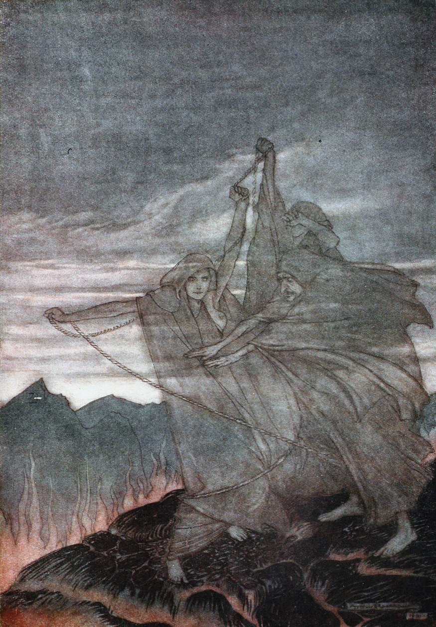 Nornlar Kaybolur. Siegfried ve Tanrıların Alacakaranlığı için çizim, Richard Wagner, 1910 by Arthur Rackham