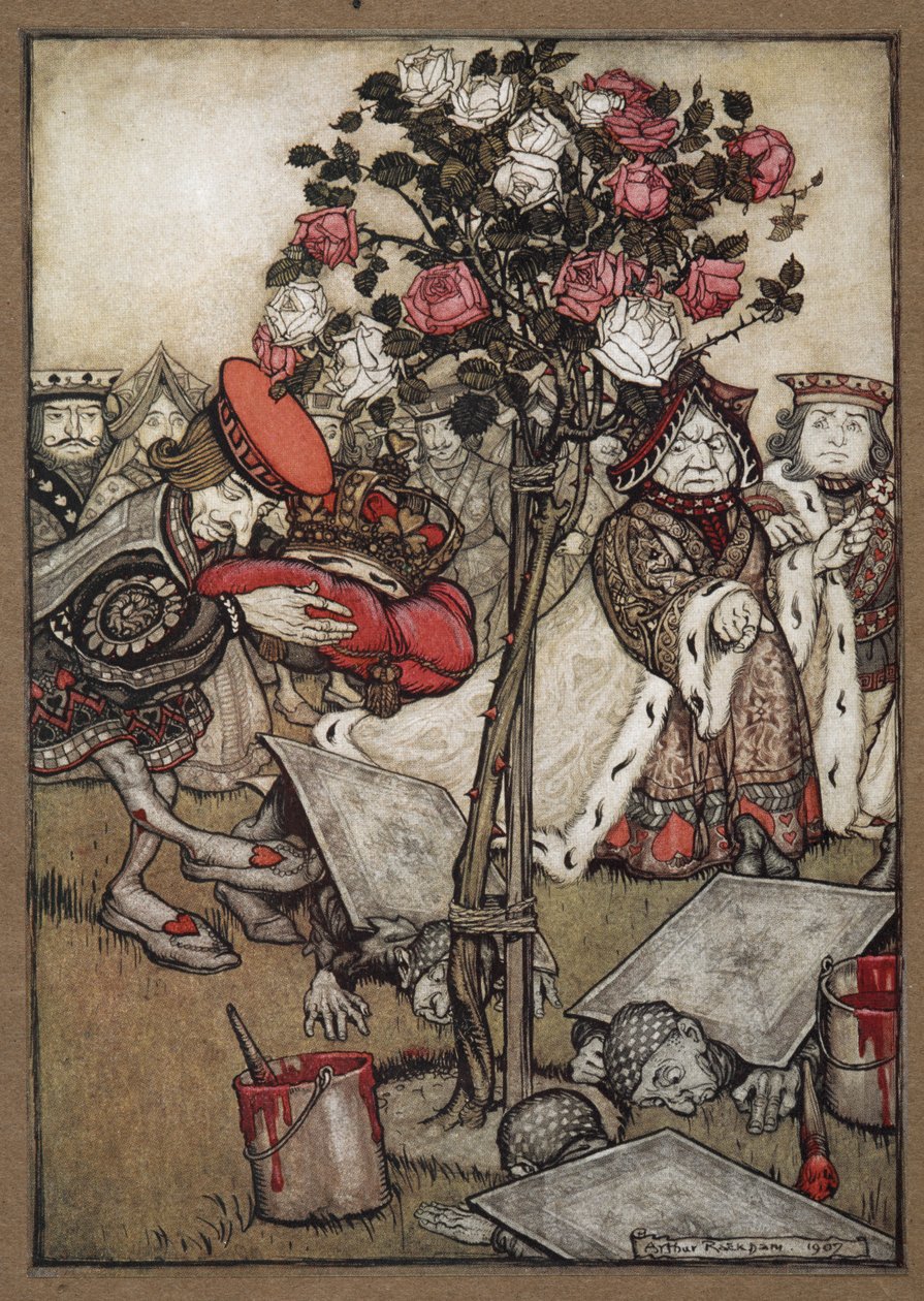 Kraliçe, Kral ve Kupa Valesi, gül fidanını kırmızıya boyayan kartlar gibi giyinmiş adamların yanından geçiyor. by Arthur Rackham