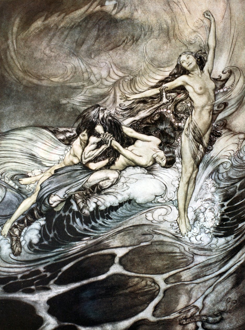 "Ren Maidens yüzüğü ele geçirdi ve zaferle taşıdı", 1924. by Arthur Rackham