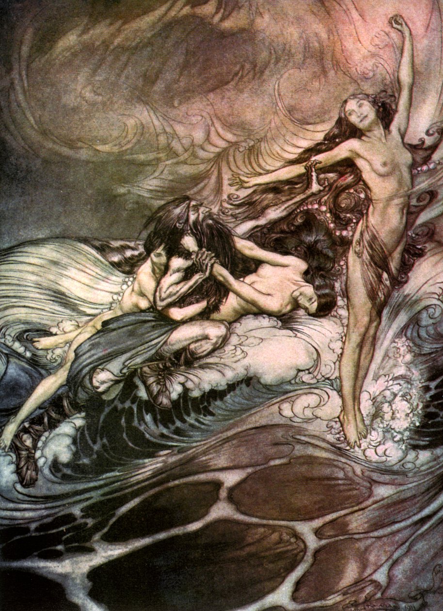 Rhine Maidens yüzüğü ele geçirdi ve 1911 zaferinde taşıdı by Arthur Rackham