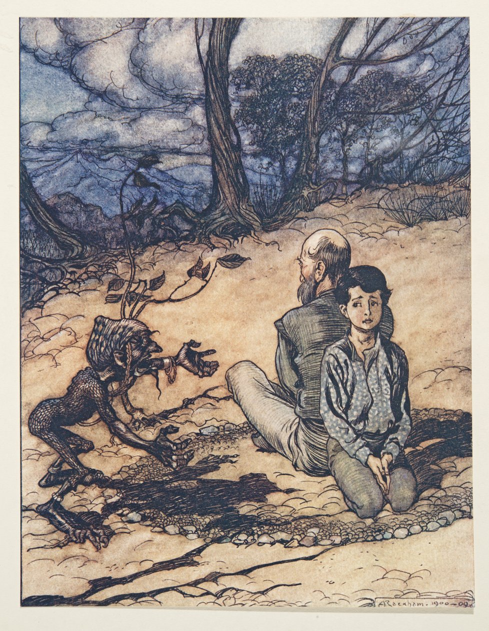 Oğul bir daire çizdi ve Babası ve o onun içindeki yerlerini aldı ve küçük siyah Mannikin Grimm Kardeşlerin Masalları, pub