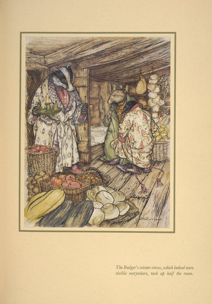 Gerçekten de her yerde görülebilen porsuğun kışlık dükkânları odanın yarısını kaplıyordu'. by Arthur Rackham