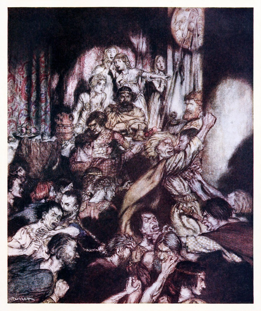 Ziyafet salonu kargaşa içindeydi. İrlanda Masallarındaki Küçük Kavgadan by Arthur Rackham