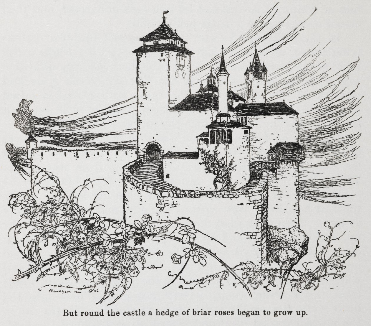 Briar Rose'dan (Uyuyan Güzel) dikenlerle çevrili kale by Arthur Rackham