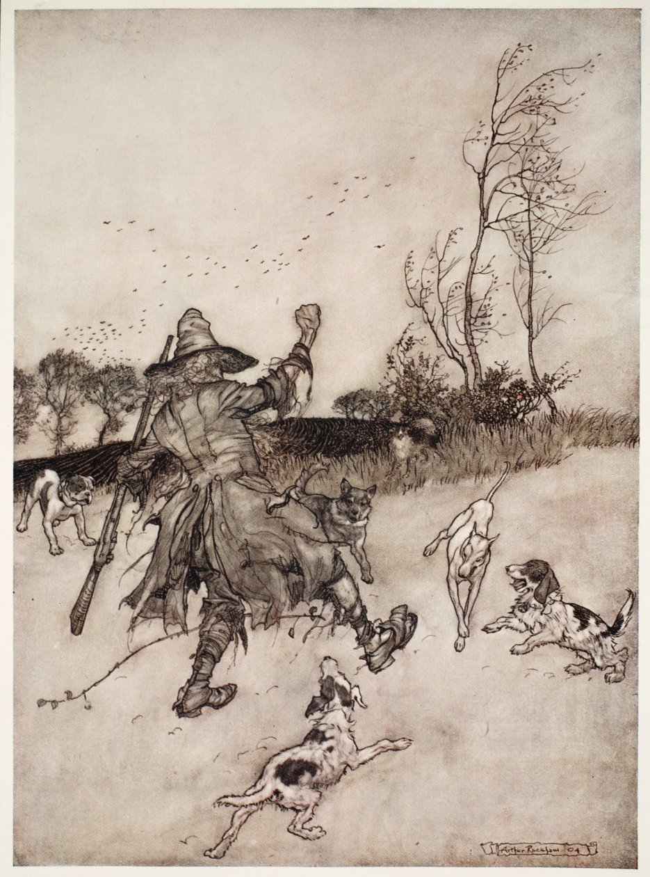 Eski bir tanıdık olarak tanımadığı köpekler de yanından geçerken ona havladılar, Rip Van Winkle by Washington Irving, pub. 1910 by Arthur Rackham