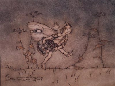 Alttaki elf görevlisi, "Bir Yaz Gecesi Rüyası"nın illüstrasyonu by Arthur Rackham