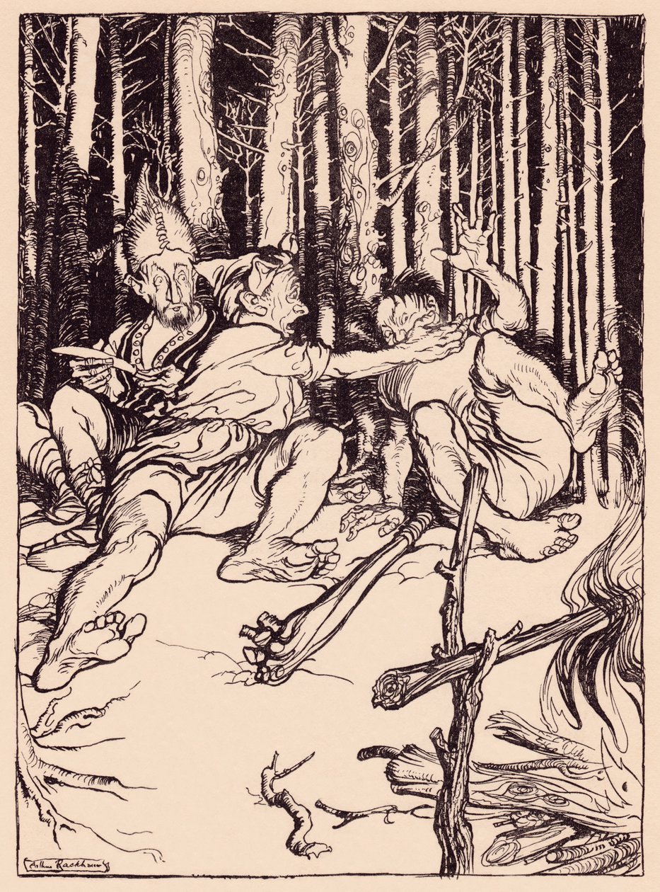 Dev, yanında oturanın kulağına bir kutu verdi. Grimm's Fairy Tale, The Skillful Huntsman'dan Arthur Rackham'ın illüstrasyonu. by Arthur Rackham