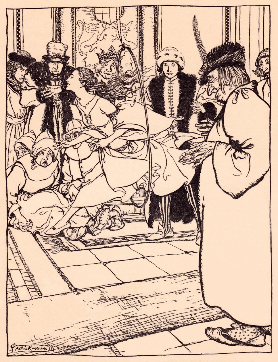 Güzel bakire çemberin içinden bir geyik kadar hafif atladı. Grimm's Fairy Tale, The Three Feathers'tan Arthur Rackham'ın illüstrasyonu. by Arthur Rackham