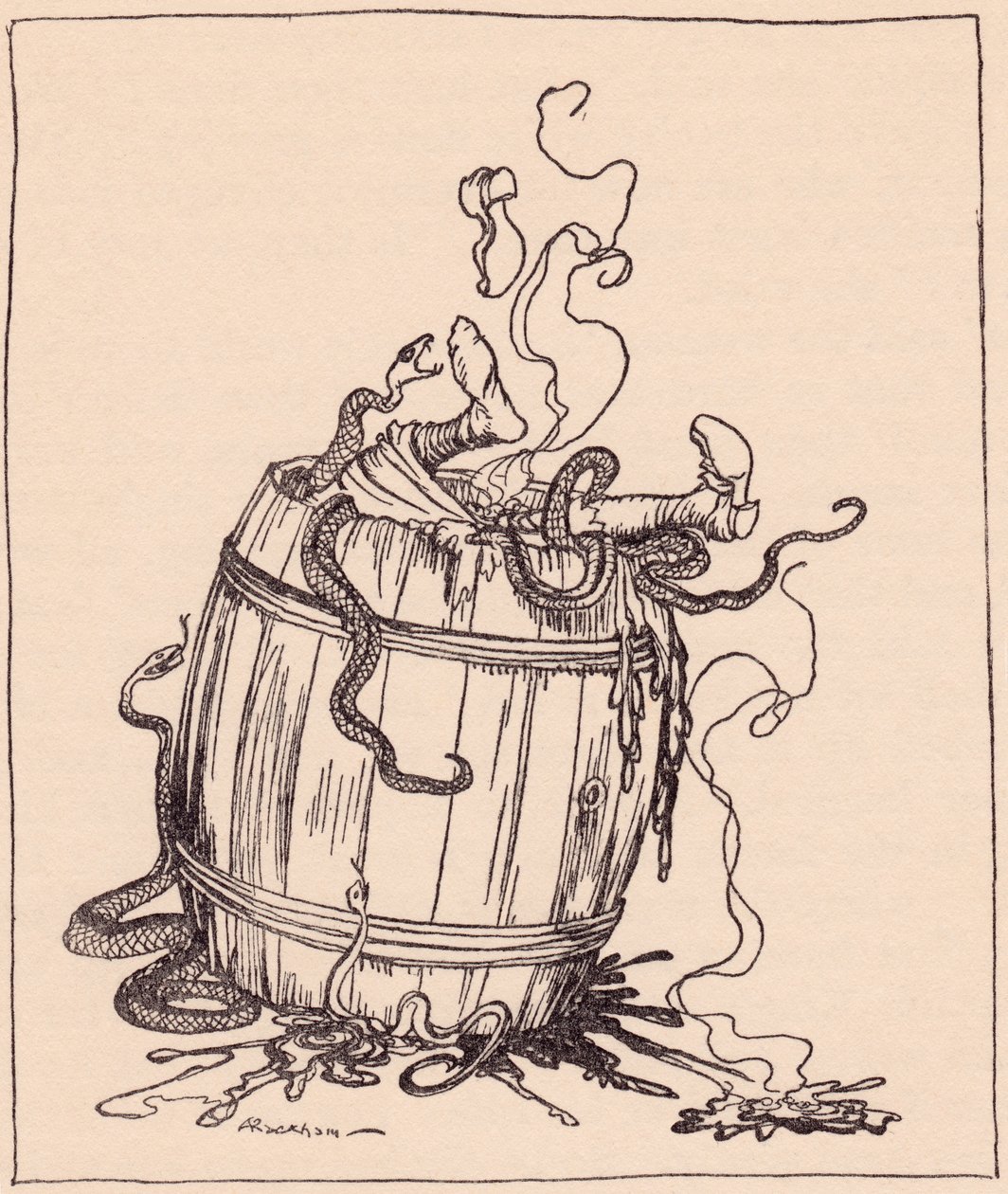 Kötü kaynana kaynayan yağ ve zehirli yılanlarla dolu bir fıçıya kondu. 19. yüzyılın sonlarında yayınlanan Grimm's Fairy Tale, The Twelve Brothers'tan Arthur Rackham'ın illüstrasyonu. by Arthur Rackham