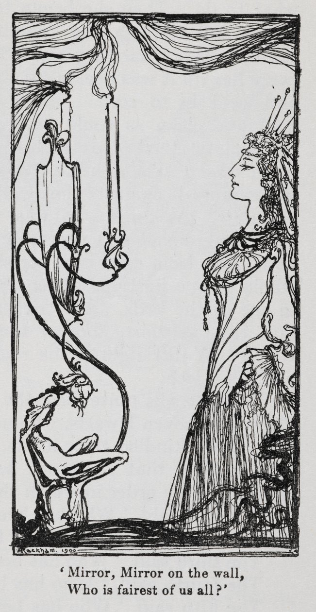 Snowdrop'tan (Pamuk Prenses) aynada kendine bakan kötü kraliçe by Arthur Rackham