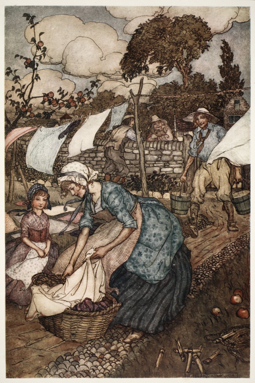 Köyün kadınları, daha az yardımsever kocalarının onlar için yapmayacağı küçük tuhaf işleri yapması için onu çalıştırırdı., Rip Van Winkle by Washington Irving, pub. 1910 by Arthur Rackham