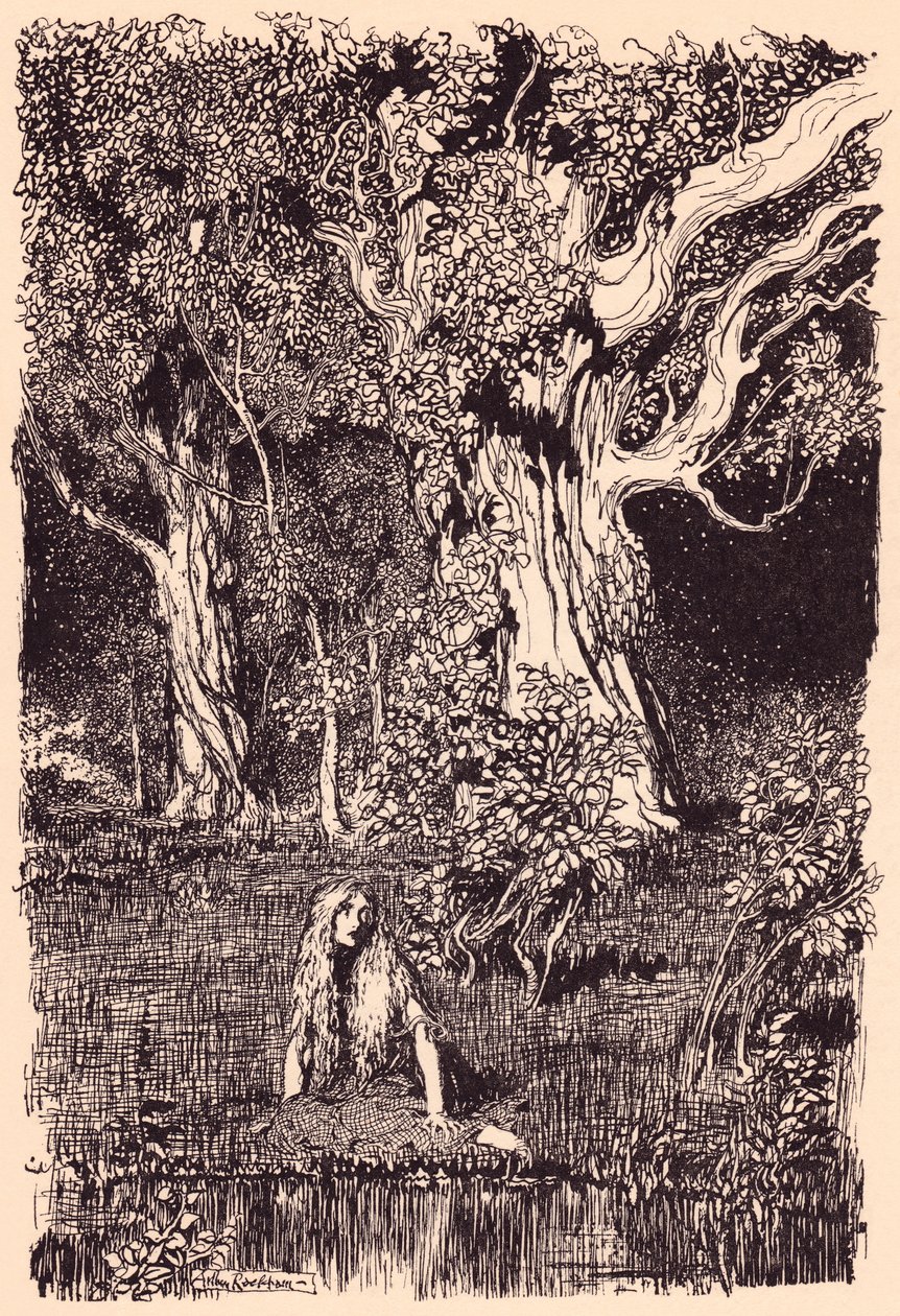 Orada oturdu ve en yakın ağacın dallarında bir hışırtı ve çıtırtı olmasaydı uzun süre oturmaya devam edecekti. Grimm's Fairy Tale The Goose Girl at the Well'den Arthur Rackham'ın çizimi. by Arthur Rackham