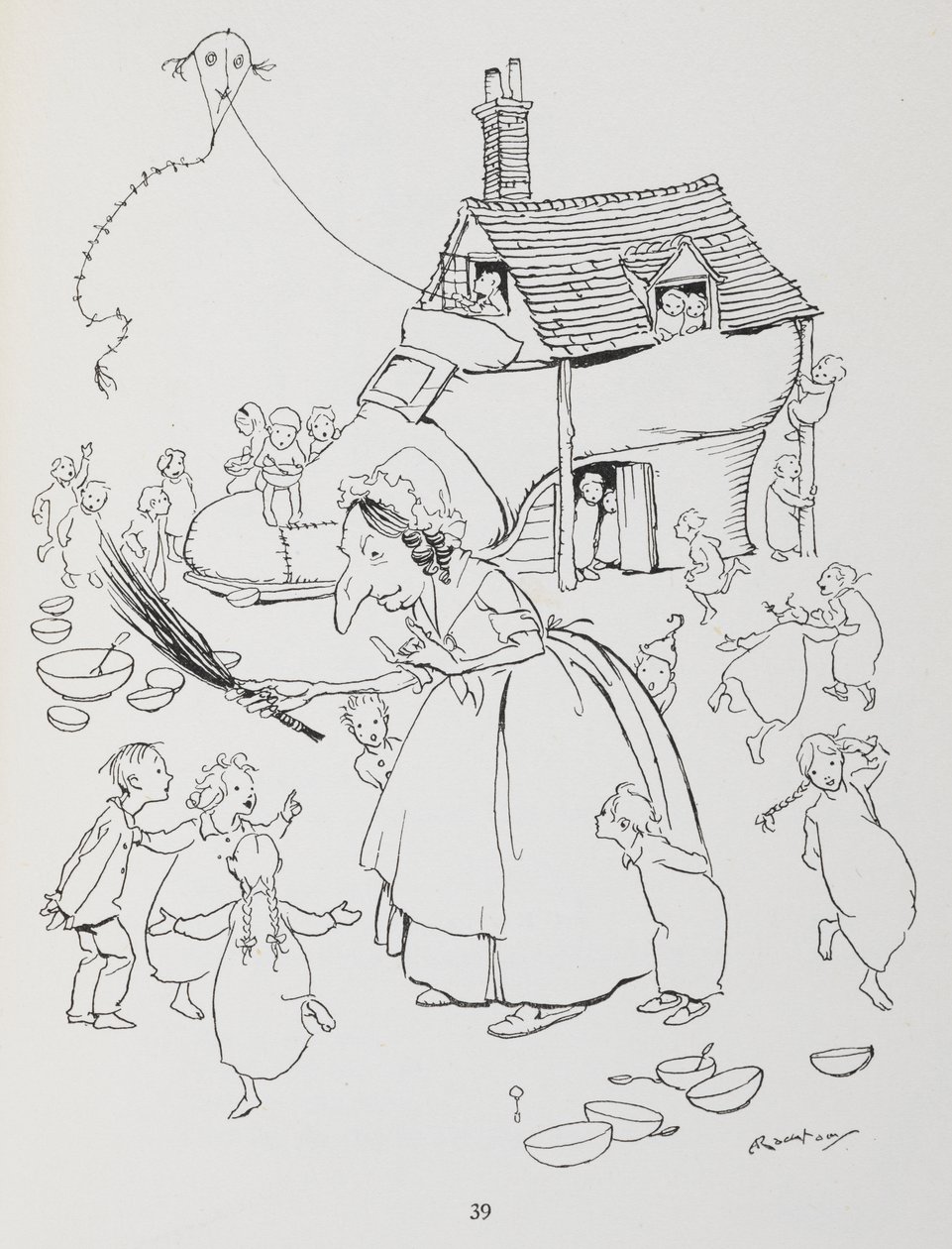 Bir ayakkabıda yaşayan yaşlı bir kadın varmış. Ayakkabı evi ve bir sürü çocuğu olan kadın. by Arthur Rackham