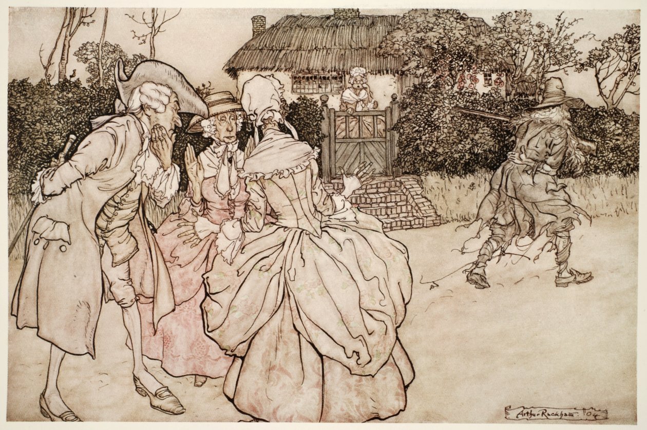 Hepsi aynı şaşkınlıkla ona baktılar ve her zaman çenelerini okşadılar, Rip Van Winkle by Washington Irving, pub. 1910 by Arthur Rackham