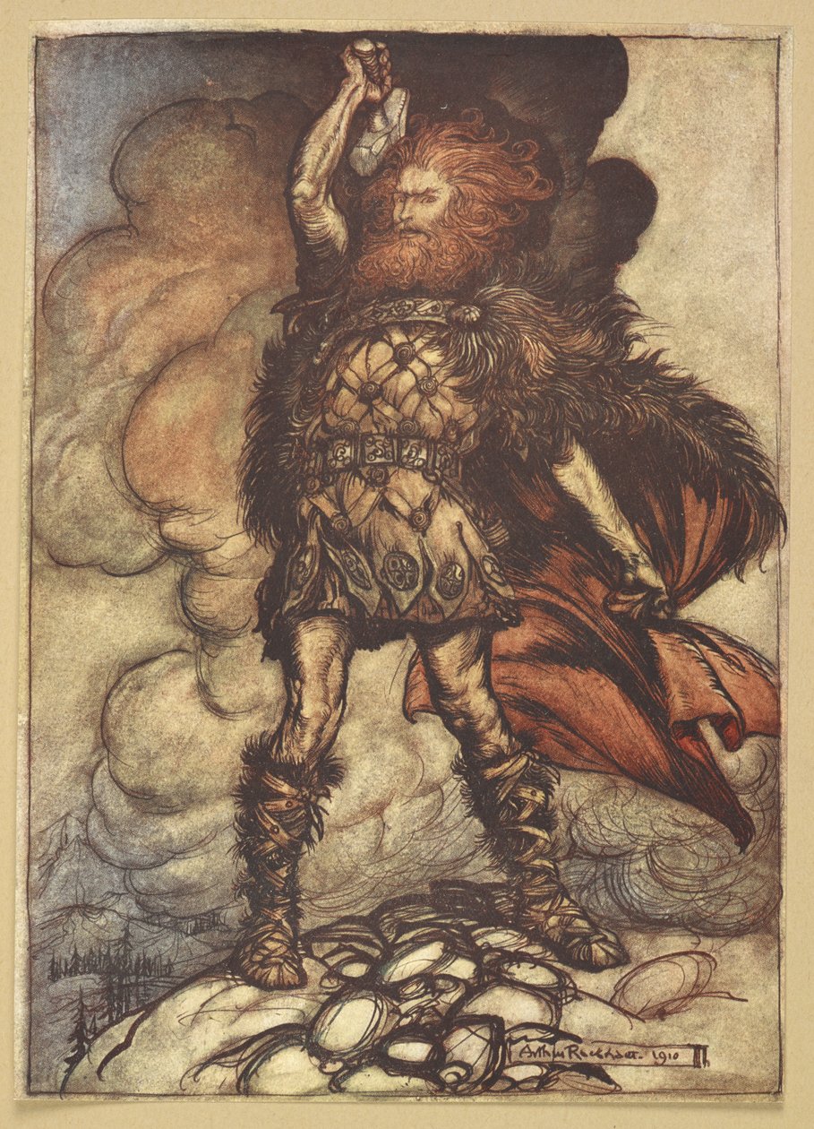 Thor çekicini kaldırıyor. by Arthur Rackham