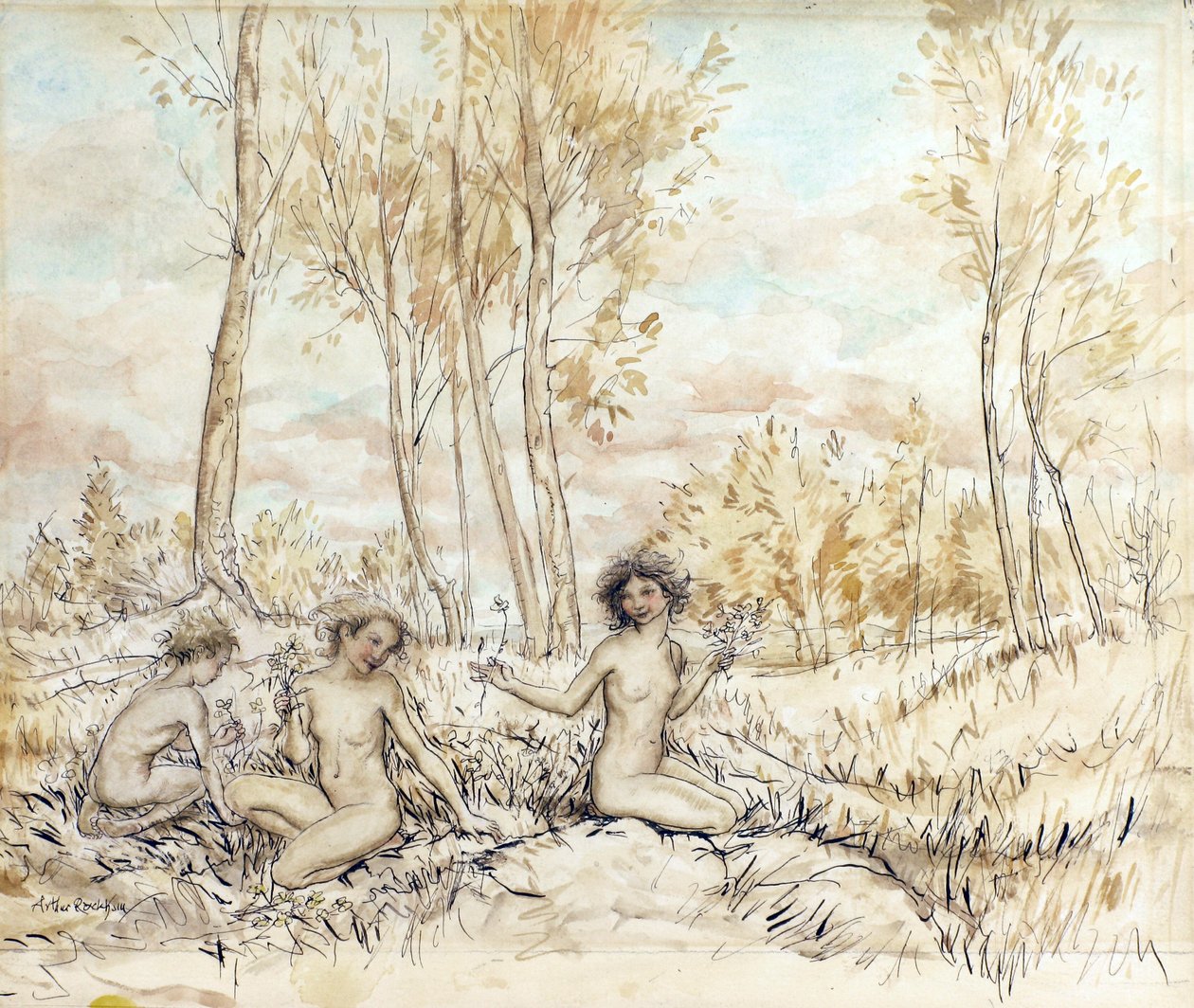 Çiçek Toplayan Üç Ağaç Perisi (kağıt üzerine kalem & mürekkep ve wc) by Arthur Rackham