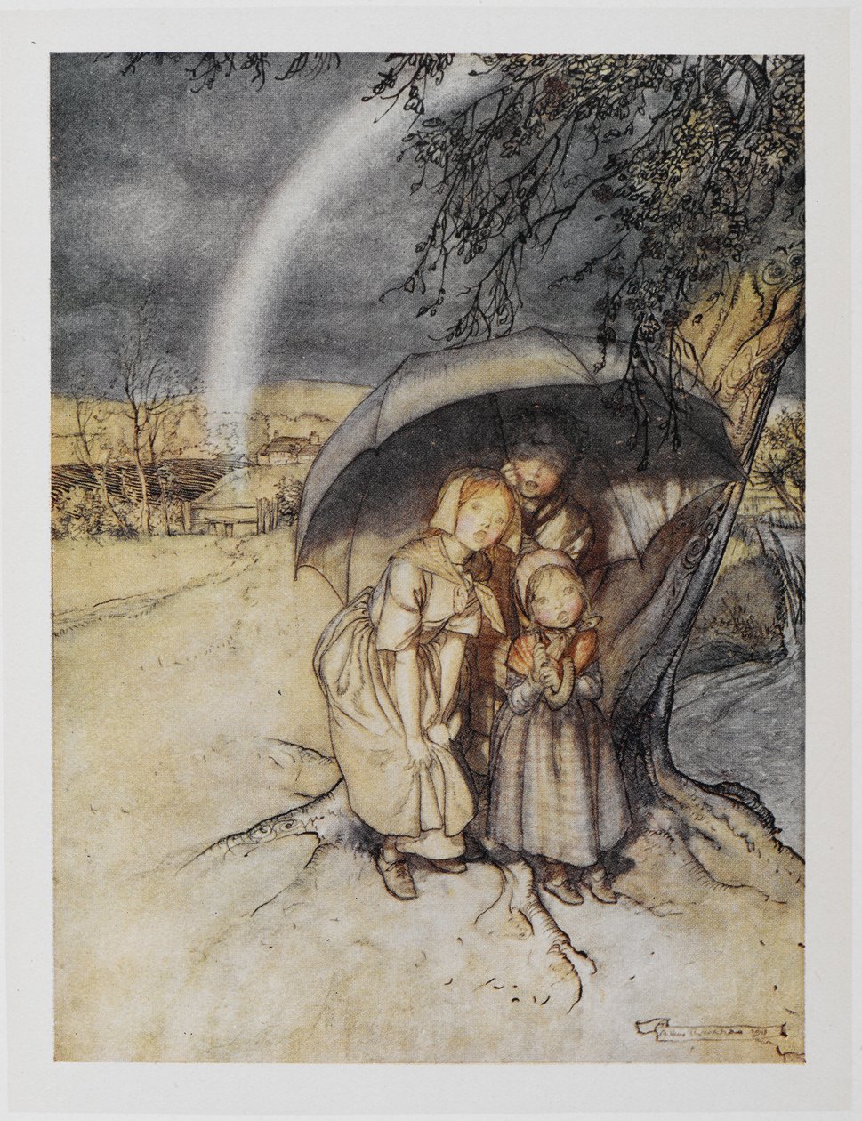 Gökkuşağı olan bir şemsiyenin altına sığınan üç çocuk. 'Yağmur yağmur, İspanya'ya git'. by Arthur Rackham