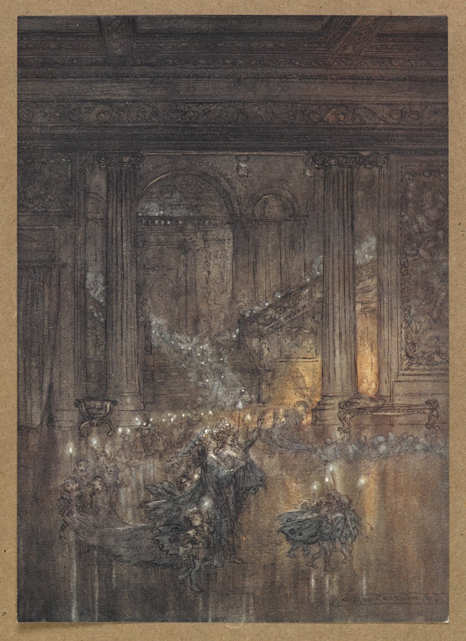 Evin içinden ölü ve uykulu ateşle parıldayan bir ışık verin '. Bir Yaz Gecesi Rüyası'ndan bir sahne. by Arthur Rackham