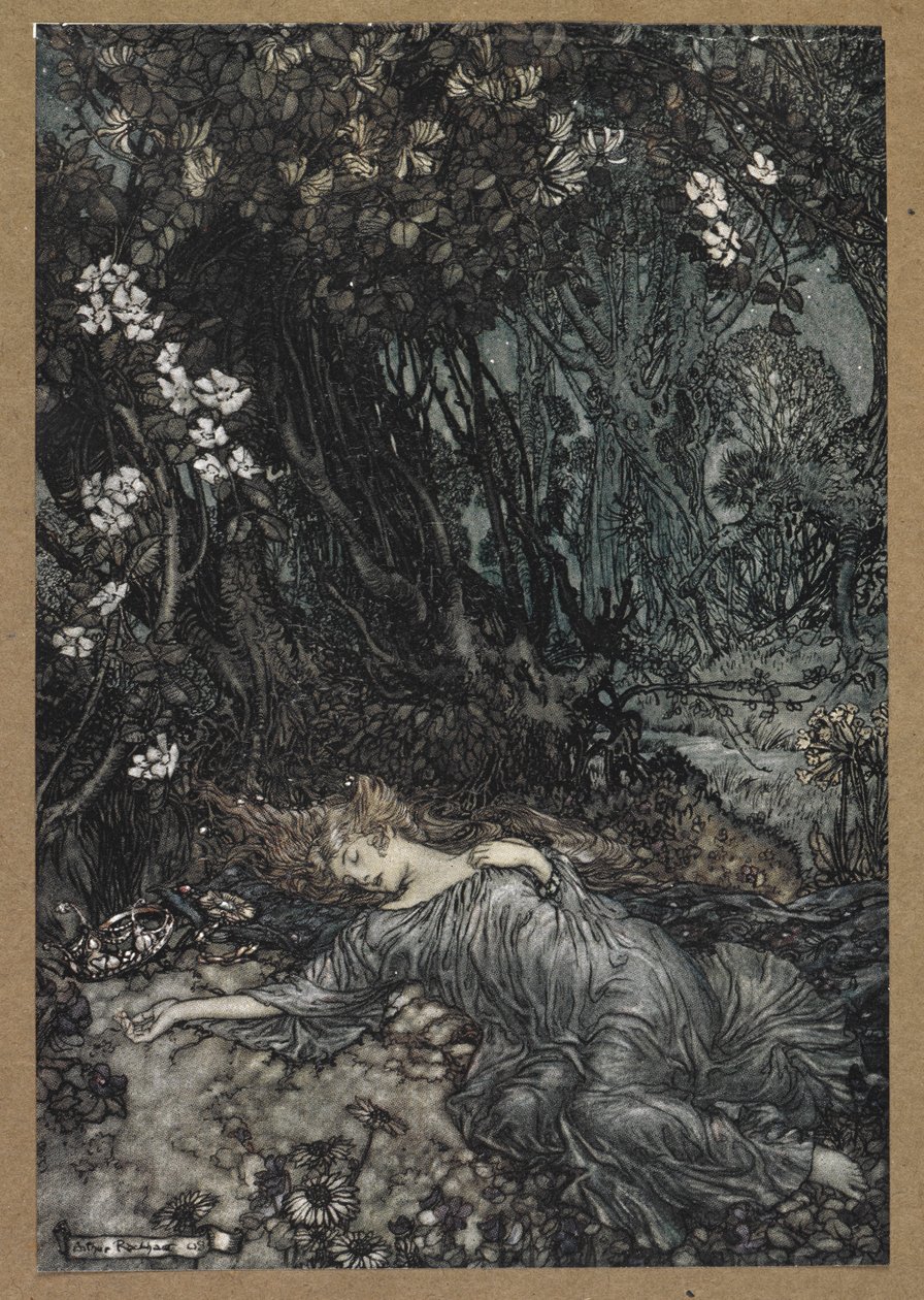 Titania uyuyor". Bir Yaz Gecesi Rüyası'ndan bir sahne. by Arthur Rackham