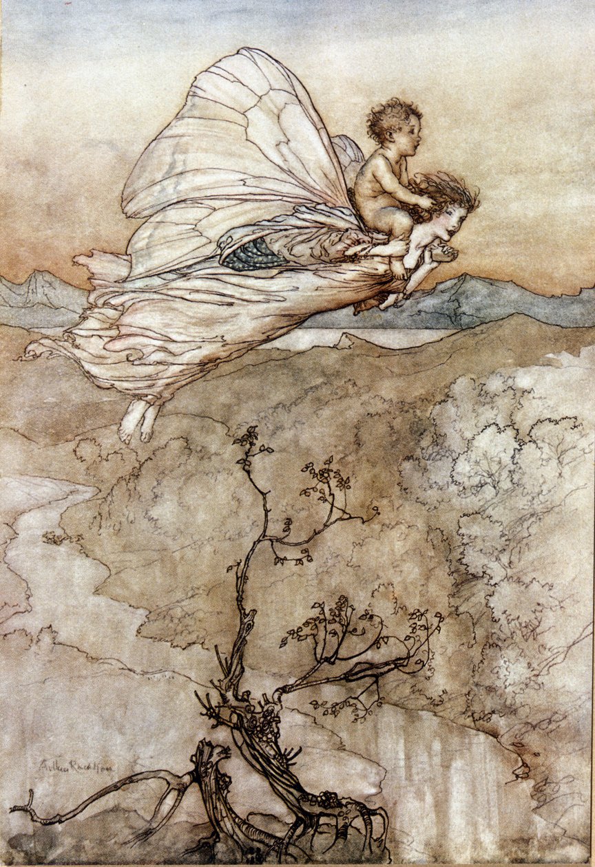 Ücretlerin Kraliçesi Titania, sırtında değişmeli çocuğuyla uçuyor. William SHAKESPEARE