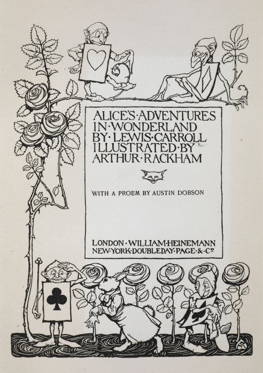 Gül fidanı, Beyaz Tavşan ve kart gibi giyinmiş adamların olduğu başlık sayfası by Arthur Rackham