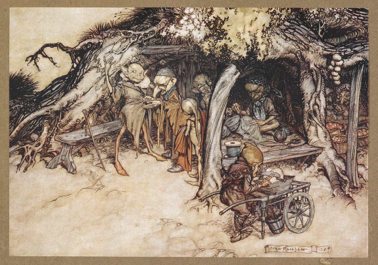 Küçük elflerime palto yapmak için. Bir Yaz Gecesi Rüyası'ndan bir sahne. by Arthur Rackham