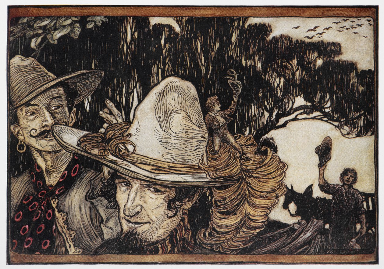 Tom Thumb bir şapkanın kenarında oturuyor. by Arthur Rackham