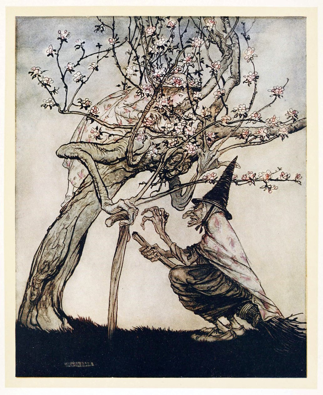 Tree of Mine! O tree of mine! Have you seen my naughty little maid?, from English Fairy Tales, pub. 1922  by Arthur Rackham