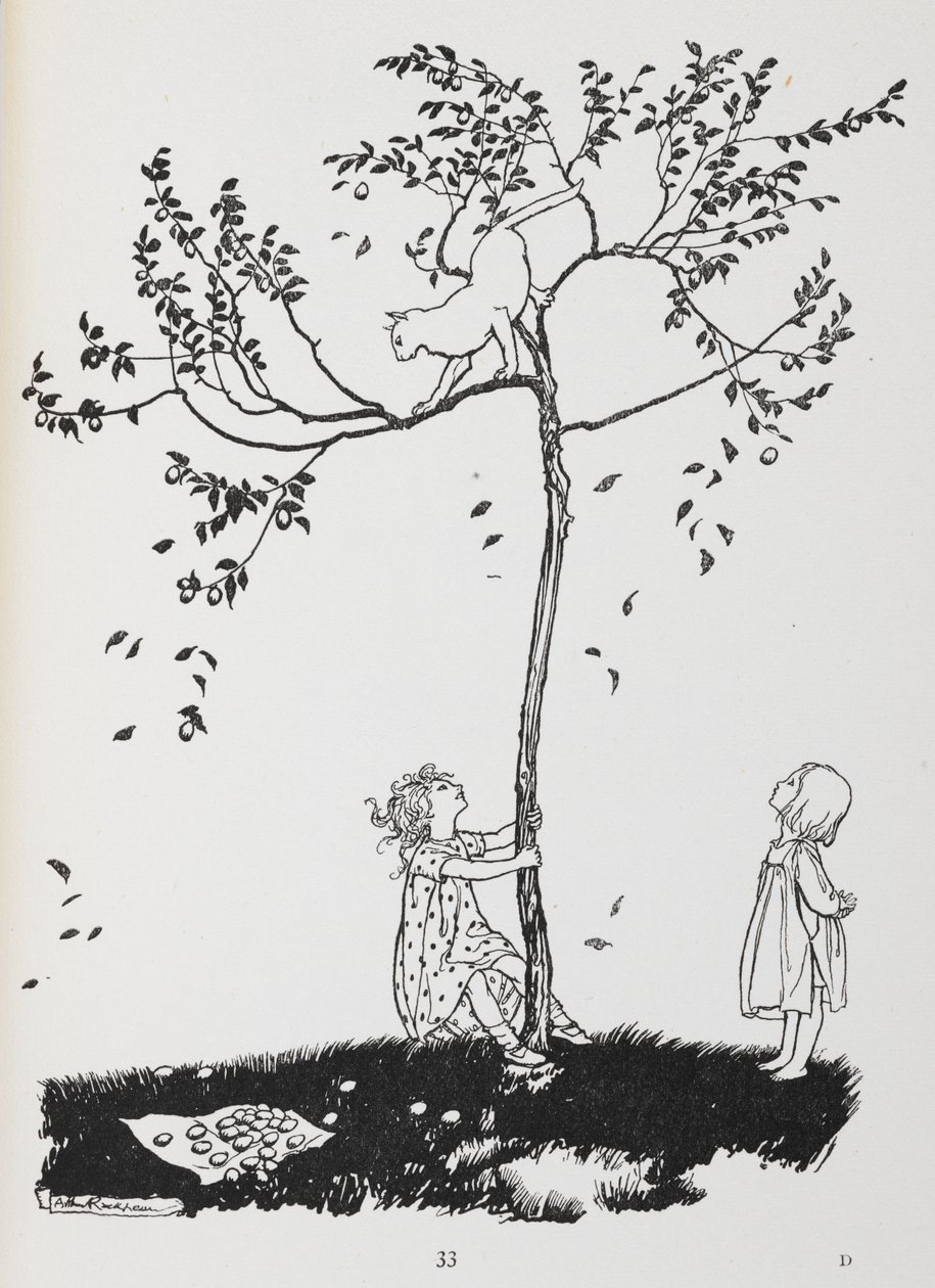 İki çocuk bir kediyi ağaçtan indirmeye çalışır. by Arthur Rackham