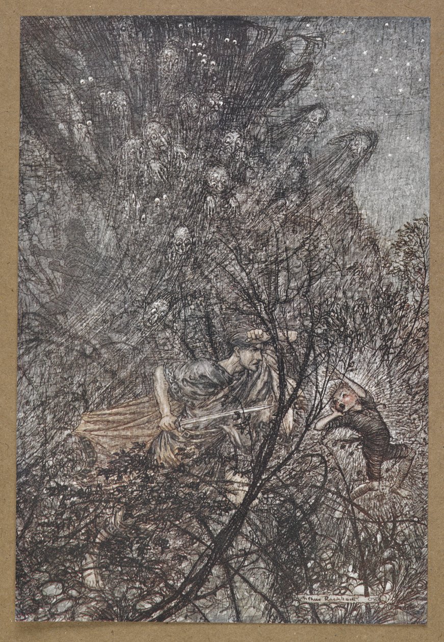 Yukarı ve aşağı, yukarı ve aşağı, goblin, onları yukarı ve aşağı götür'. Bir Yaz Gecesi Rüyası'ndan bir sahne. by Arthur Rackham