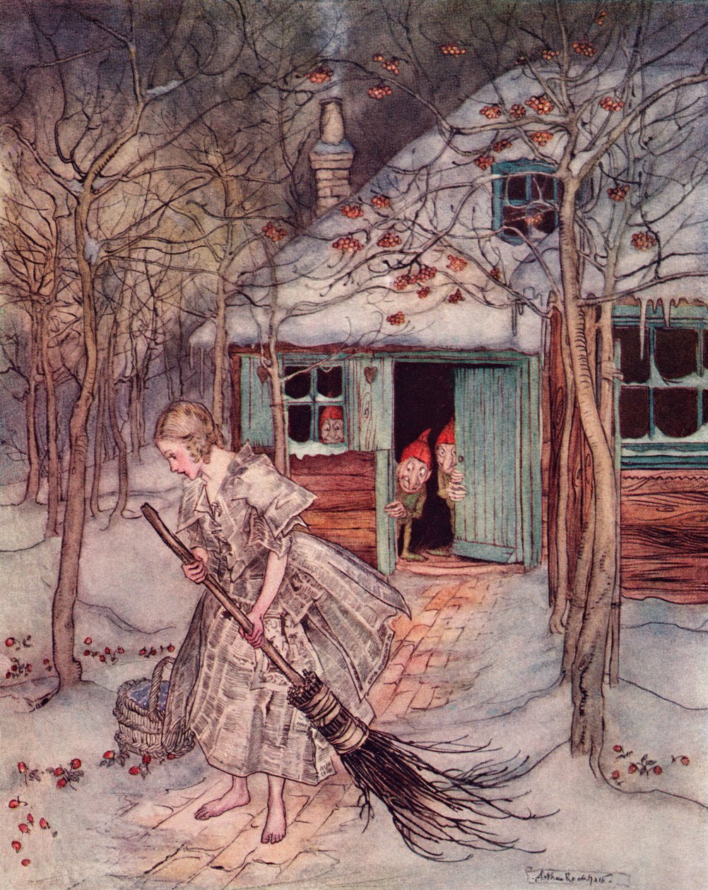 Orada gerçek olgun çileklerden başka ne buldu? Arthur Rackham'ın 19. yüzyılın sonlarında yayınlanan Grimm's Fairy Tale, The Three Little Man in the Wood'dan illüstrasyonu. by Arthur Rackham