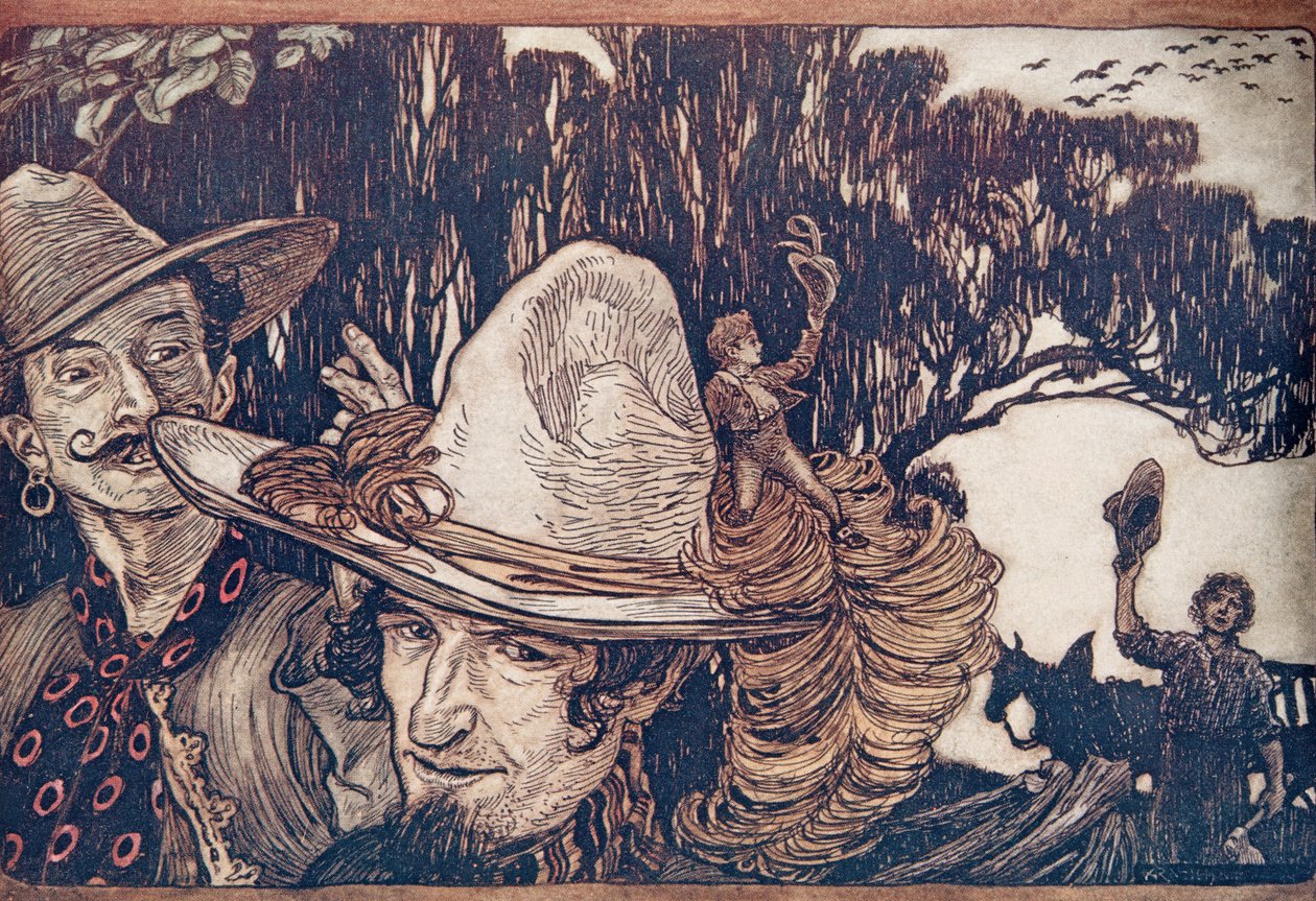 Tom babasına veda ettiğinde onunla birlikte gittiler .. , Grimm Kardeşlerin Masalları, pub. 1909 by Arthur Rackham
