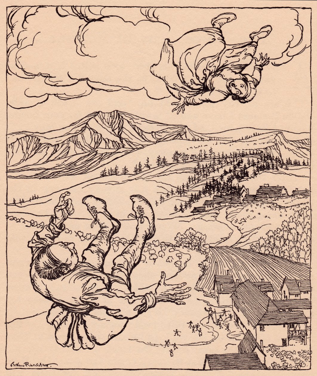 Kocası onu görünce, Merhaba! bana gel". Grimm's Fairy Tale The Young Giant'tan Arthur Rackham'ın illüstrasyonu. by Arthur Rackham