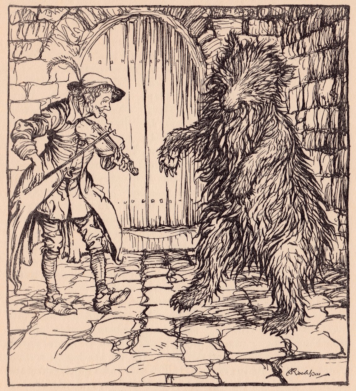 Ayı müziği duyunca kendini tutamayıp dans etmeye başlamış. Grimm's Fairy Tale, The Cunning Little Tailor'dan Arthur Rackham'ın çizimi. by Arthur Rackham