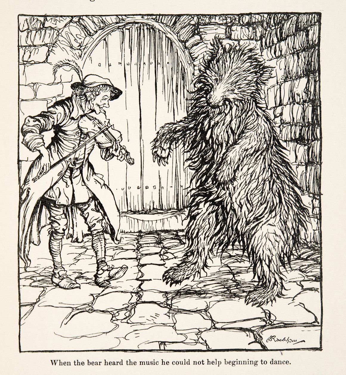 Ayı müziği duyduğunda, Little Brother & Little Sister and Other Tales by the Brothers Grimm, pub.17 (litho) adlı şarkıdan dans etmeye başladı. by Arthur Rackham