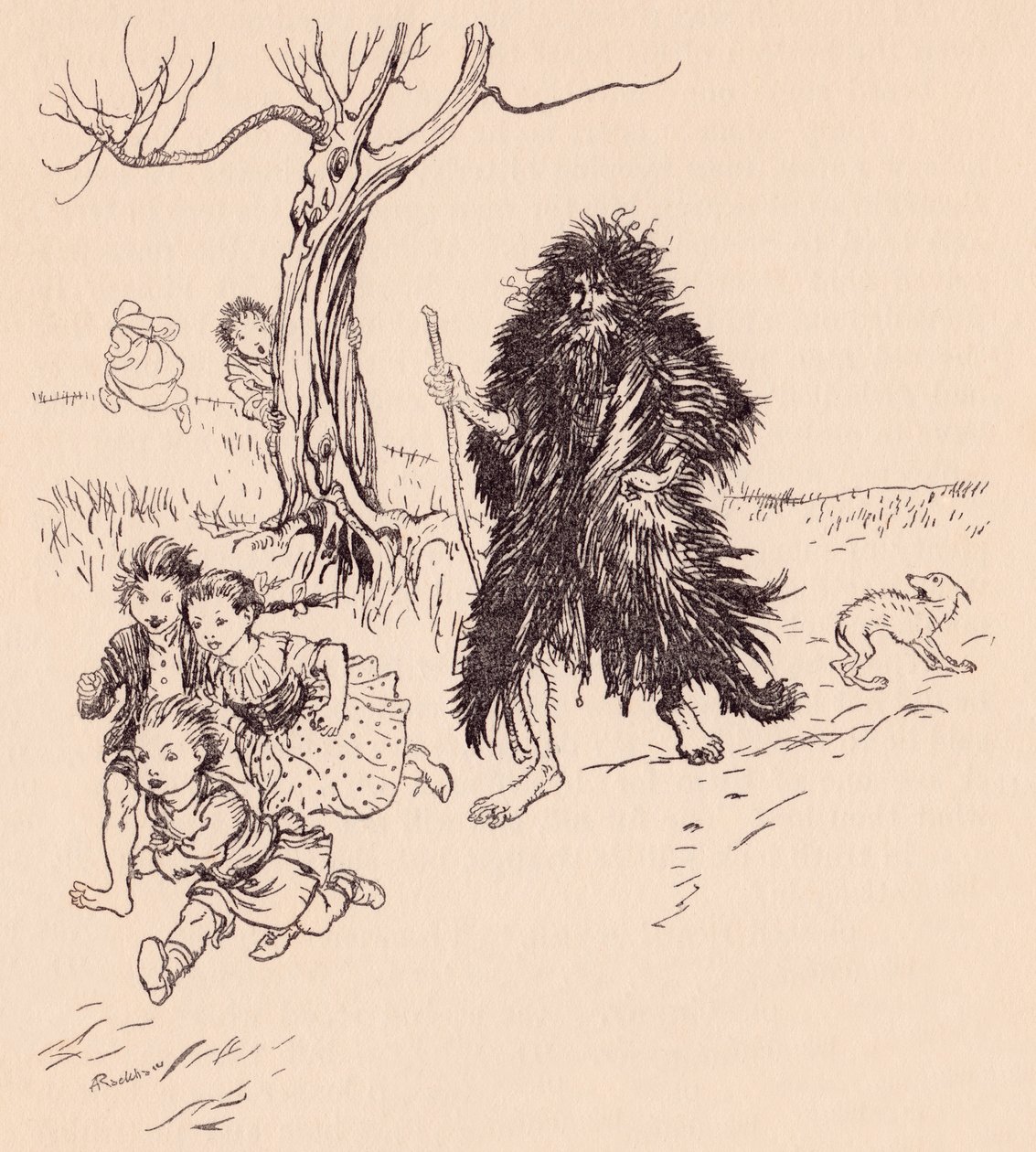 Onu gören kaçtı. Grimm's Fairy Tale Bearskin'den Arthur Rackham'ın illüstrasyonu. by Arthur Rackham