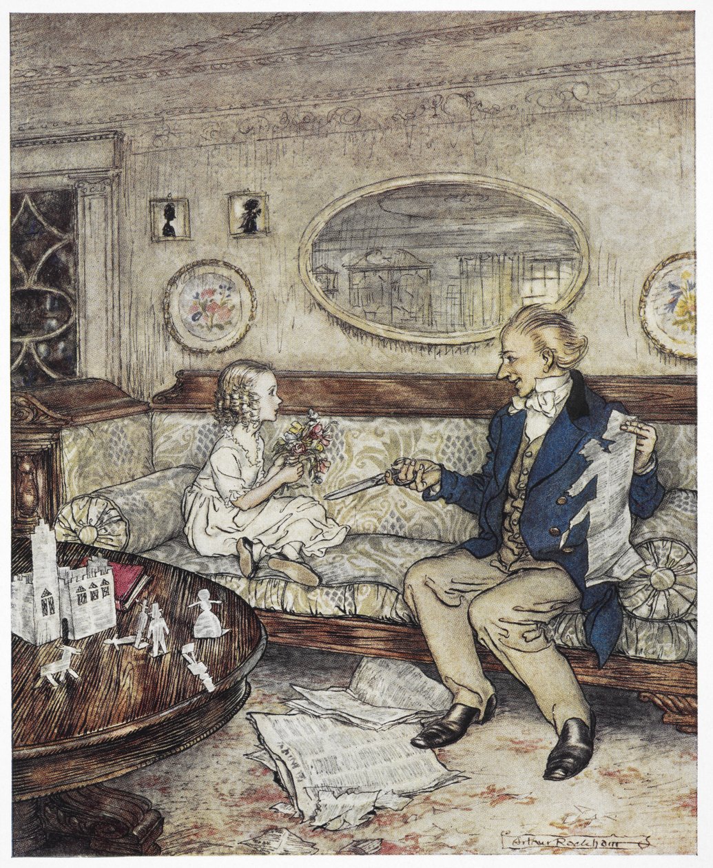"Çiçeklerim bugün neden bu kadar solmuş görünüyor?" Genç bir kız olan Ida'yı elinde makas tutan genç bir öğrenciyle kanepede oturan renkli illüstrasyon. by Arthur Rackham