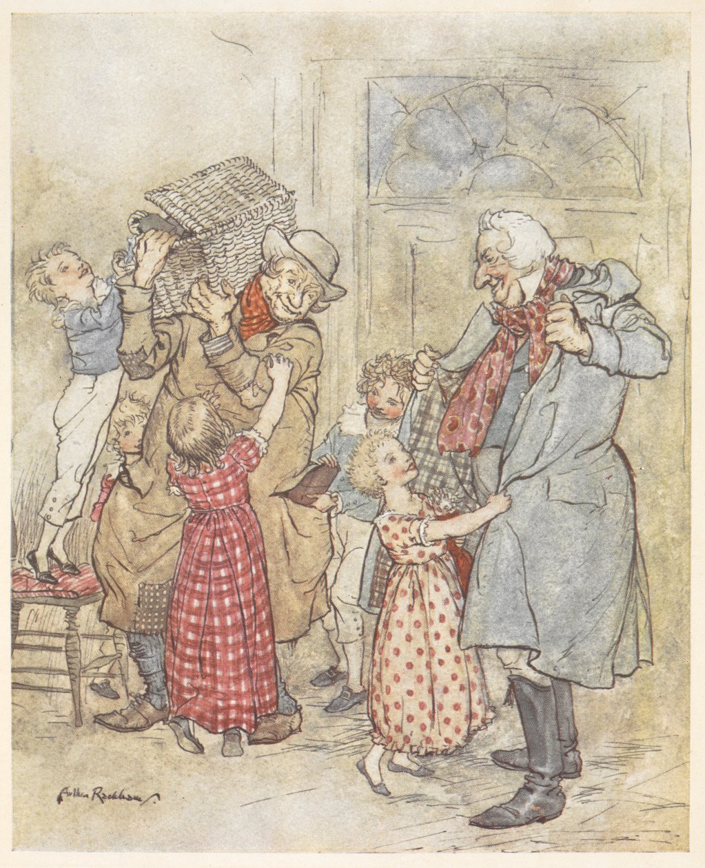 Küçük çocuklar, Noel hediyeleri taşıyan bir eve girerken iki yaşlı adama paltolarını giydirirken yardım ediyor. by Arthur Rackham