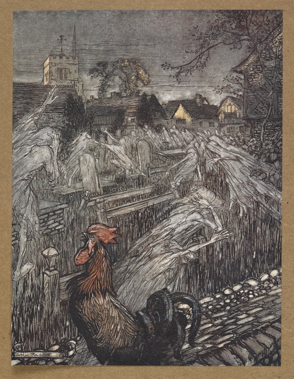 ... hayaletler, orada burada dolaşıp, evlere, kilise avlularına akın ediyorlar. Bir Yaz Gecesi Rüyası'ndan bir sahne. by Arthur Rackham