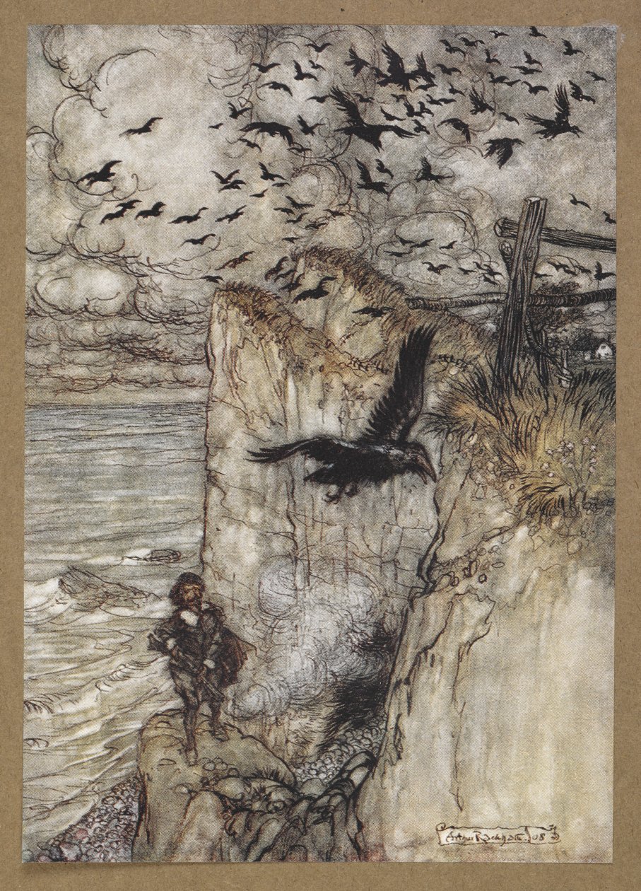 .... silahın sesiyle ayağa kalkıp gaklayan, pek çoğu sıralı, kızıl kaplamalı öküzler '. Bir Yaz Gecesi Rüyası'ndan bir sahne. by Arthur Rackham