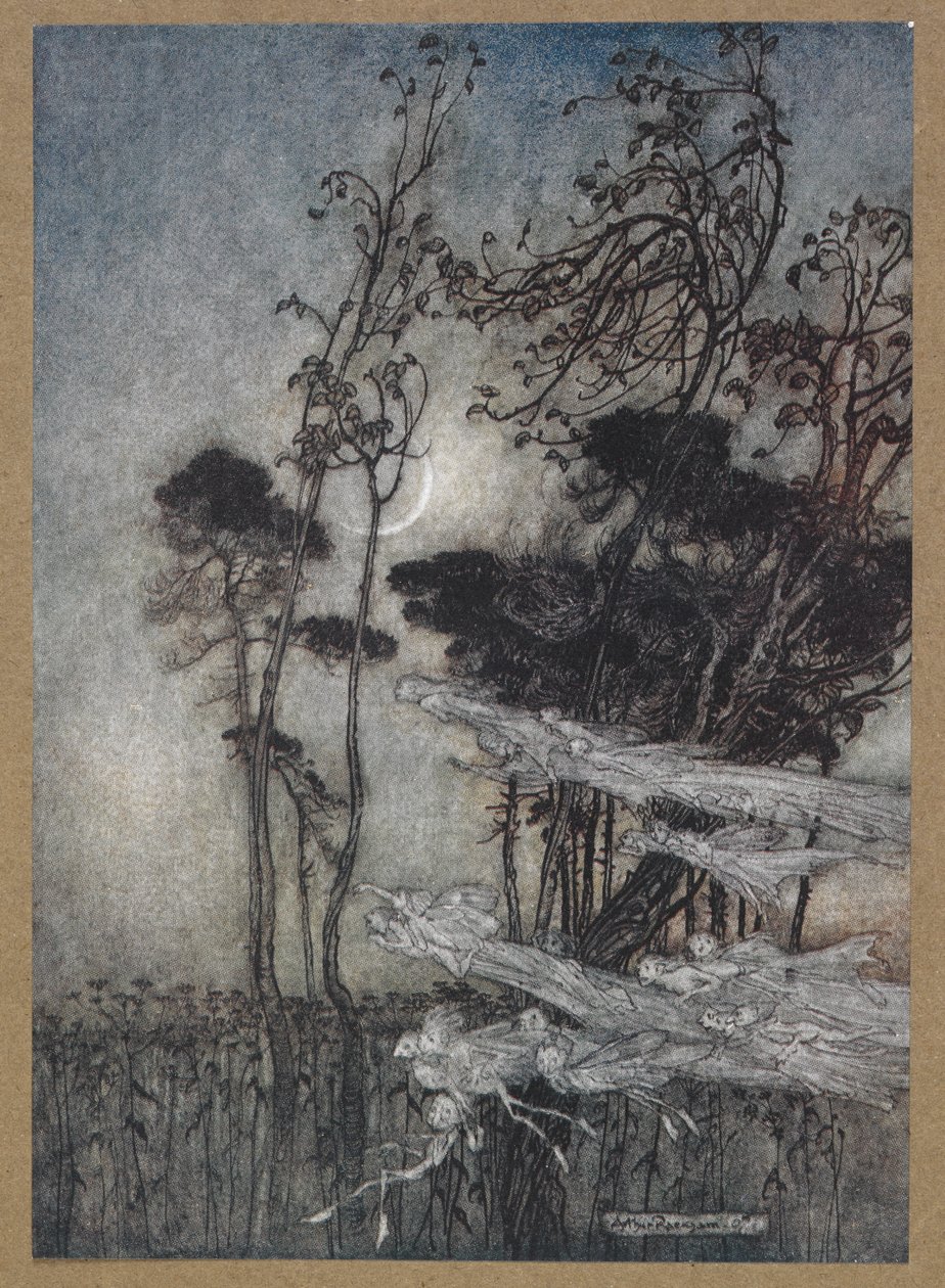 ... ay, cennette yeni bükülmüş gümüş bir yay gibi'. Bir Yaz Gecesi Rüyası'ndan bir sahne. by Arthur Rackham
