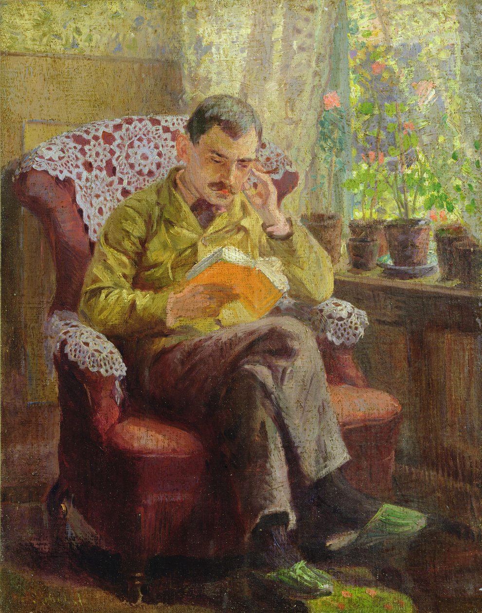 Pencere Önünde Oturan Sanatçının Kardeşi (gemide tuval üzerine yağlı boya) by Arthur Siebelist