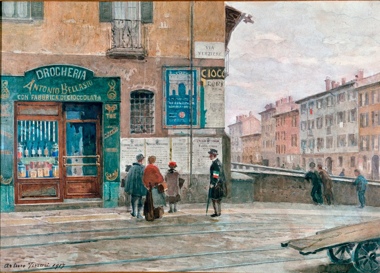 Milano, Porta Vittoria (Verziere) köprüsünden manzara Arturo Ferrari (1861-1932) tarafından suluboya 1917 Milan, Milano Müzesi by Arturo Ferrari