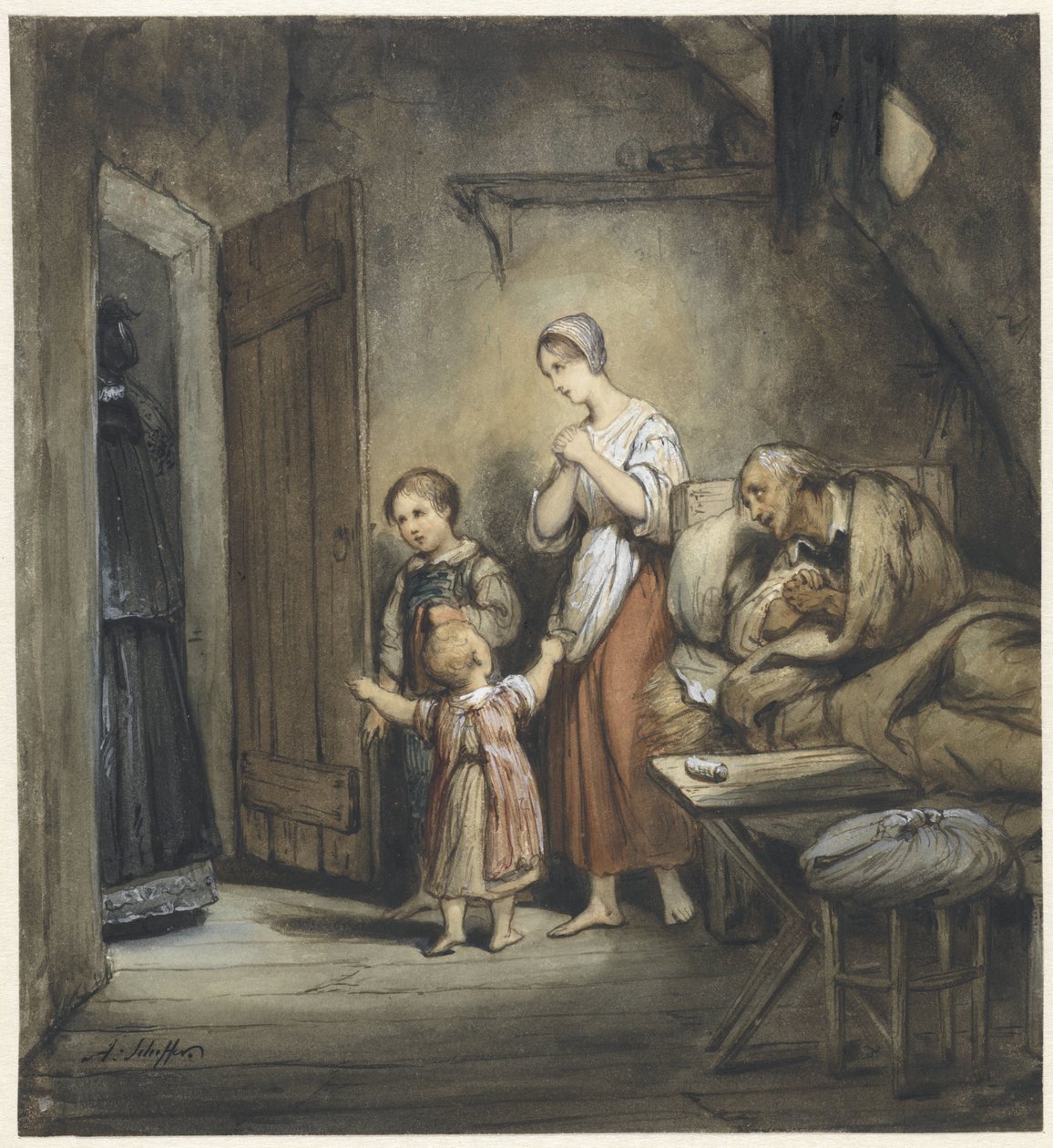 Yanında karısı ve iki çocuğu olan hasta bir adam yatakta by Ary Scheffer